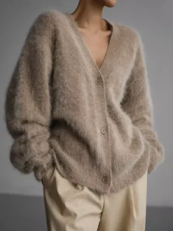 Faux Fur Cardigan khaki Long Sleeves V-Neck Oversized Spring Cozy Outerwear For Women 2026