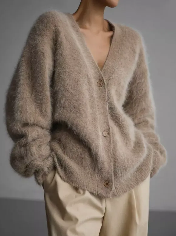 Faux Fur Cardigan khaki Long Sleeves V-Neck Oversized Spring Cozy Outerwear For Women 2026
