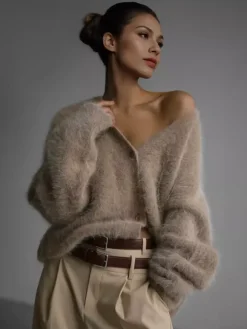 Faux Fur Cardigan khaki Long Sleeves V-Neck Oversized Spring Cozy Outerwear For Women 2026