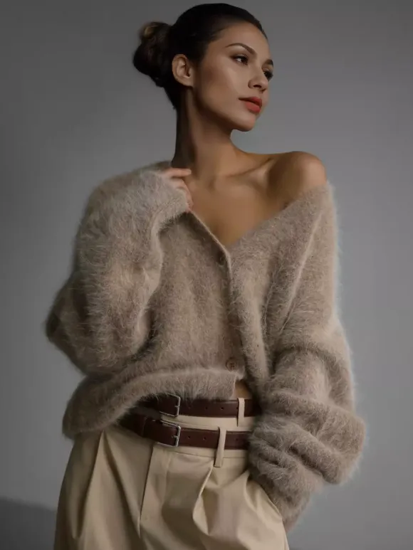 Faux Fur Cardigan khaki Long Sleeves V-Neck Oversized Spring Cozy Outerwear For Women 2026