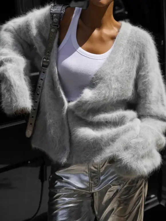 Faux Fur Cardigan khaki Long Sleeves V-Neck Oversized Spring Cozy Outerwear For Women 2026
