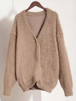 Faux Fur Cardigan khaki Long Sleeves V-Neck Oversized Spring Cozy Outerwear For Women 2026
