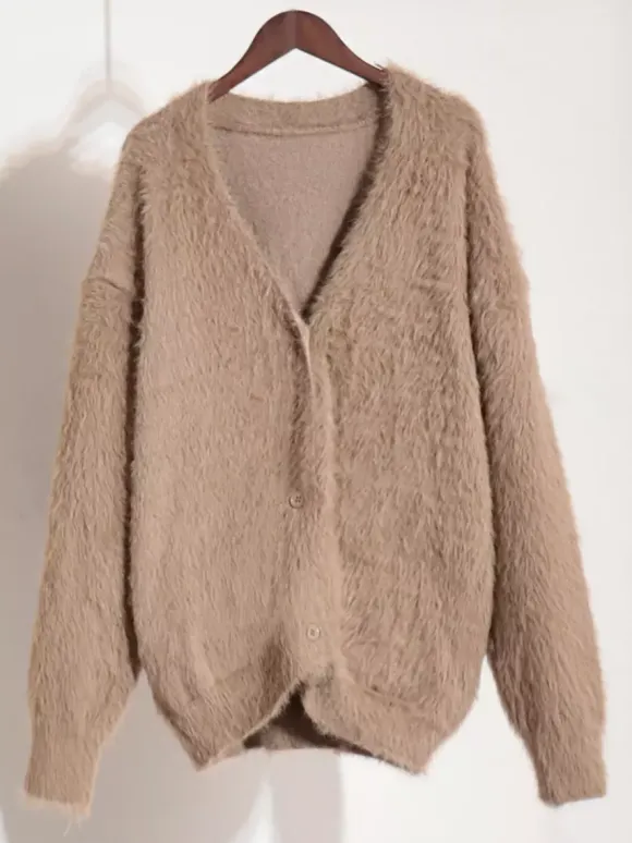 Faux Fur Cardigan khaki Long Sleeves V-Neck Oversized Spring Cozy Outerwear For Women 2026
