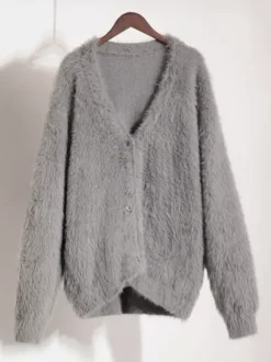 Faux Fur Cardigan khaki Long Sleeves V-Neck Oversized Spring Cozy Outerwear For Women 2026