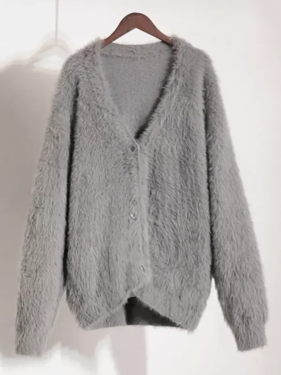 Faux Fur Cardigan khaki Long Sleeves V-Neck Oversized Spring Cozy Outerwear For Women 2026