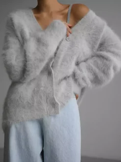 Faux Fur Cardigan khaki Long Sleeves V-Neck Oversized Spring Cozy Outerwear For Women 2026