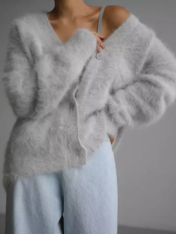 Faux Fur Cardigan khaki Long Sleeves V-Neck Oversized Spring Cozy Outerwear For Women 2026