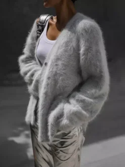 Faux Fur Cardigan khaki Long Sleeves V-Neck Oversized Spring Cozy Outerwear For Women 2026