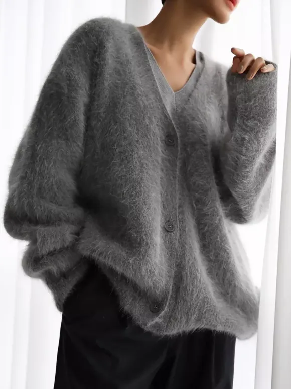 Faux Fur Cardigan khaki Long Sleeves V-Neck Oversized Spring Cozy Outerwear For Women 2026