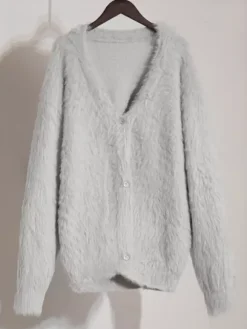 Faux Fur Cardigan khaki Long Sleeves V-Neck Oversized Spring Cozy Outerwear For Women 2026