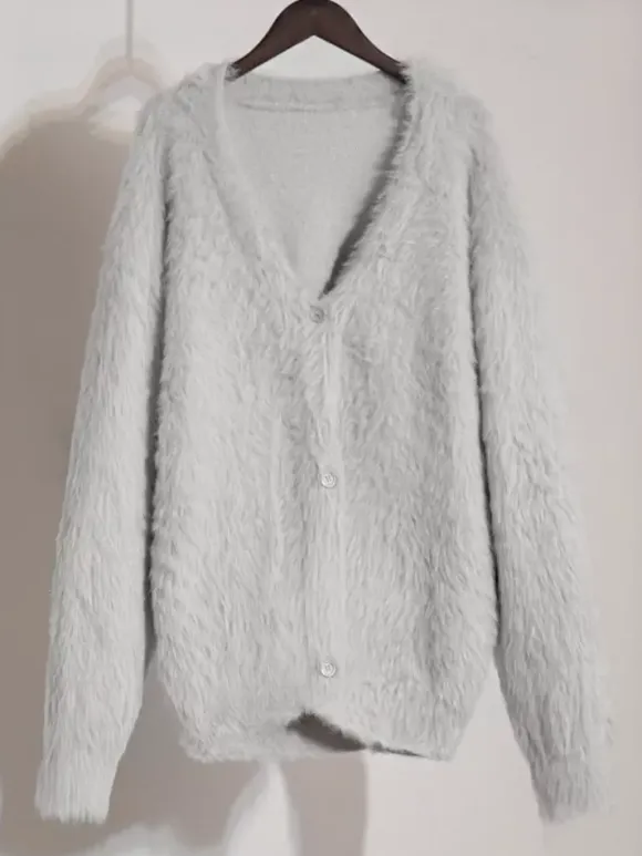 Faux Fur Cardigan khaki Long Sleeves V-Neck Oversized Spring Cozy Outerwear For Women 2026