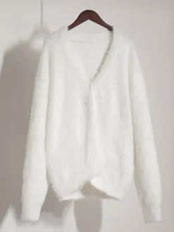 Faux Fur Cardigan khaki Long Sleeves V-Neck Oversized Spring Cozy Outerwear For Women 2026