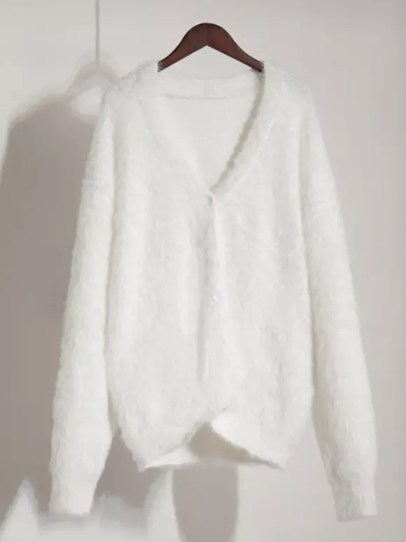 Faux Fur Cardigan khaki Long Sleeves V-Neck Oversized Spring Cozy Outerwear For Women 2026