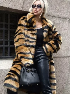 Faux Fur Coat Tiger Print Winter Midi Eco-friendly Fur Coat For Women 2026