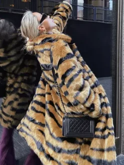 Faux Fur Coat Tiger Print Winter Midi Eco-friendly Fur Coat For Women 2026