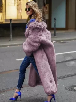 Faux Fur Coat With Notched Lapel Solid Color Eco-friendly Winter Long Jacket For Women 2026
