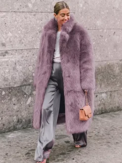Faux Fur Coat With Notched Lapel Solid Color Eco-friendly Winter Long Jacket For Women 2026