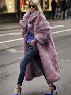 Faux Fur Coat With Notched Lapel Solid Color Eco-friendly Winter Long Jacket For Women 2026
