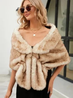 Faux Fur Poncho Bateau Neck Solid Color Fall Winter Women's Cape