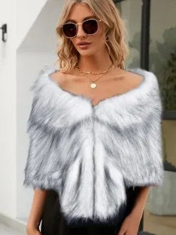 Faux Fur Poncho Bateau Neck Solid Color Fall Winter Women's Cape