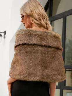 Faux Fur Poncho Bateau Neck Solid Color Fall Winter Women's Cape