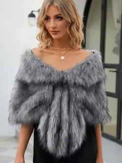 Faux Fur Poncho Bateau Neck Solid Color Fall Winter Women's Cape