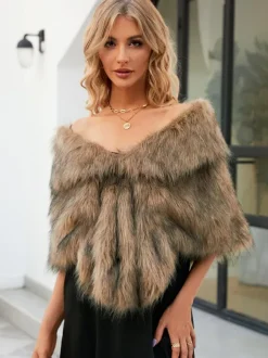 Faux Fur Poncho Bateau Neck Solid Color Fall Winter Women's Cape