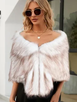 Faux Fur Poncho Bateau Neck Solid Color Fall Winter Women's Cape