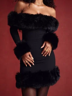 Faux Fur Trim Mini Dress Off The Shoulder Sexy Birthday Party Dresses