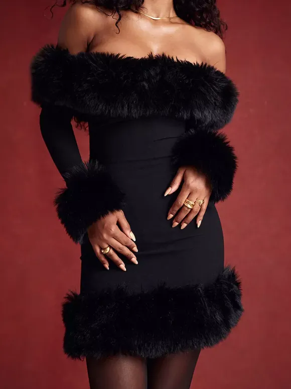 Faux Fur Trim Mini Dress Off The Shoulder Sexy Birthday Party Dresses