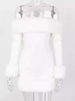 Faux Fur Trim Mini Dress Off The Shoulder Sexy Birthday Party Dresses