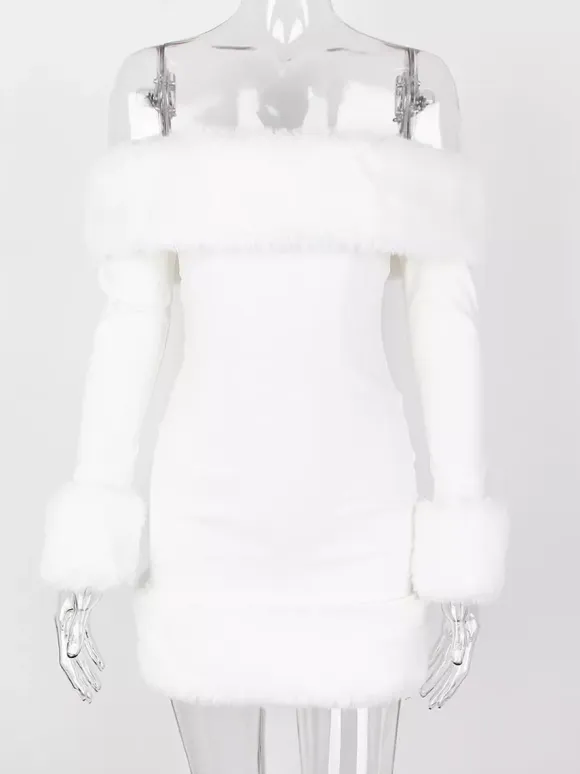 Faux Fur Trim Mini Dress Off The Shoulder Sexy Birthday Party Dresses