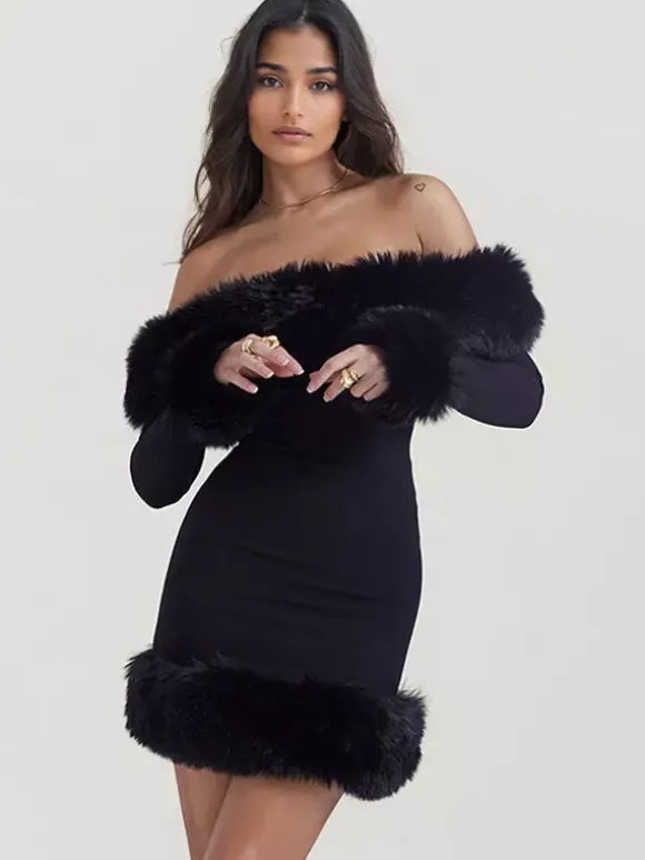 Faux Fur Trim Mini Dress Off The Shoulder Sexy Birthday Party Dresses