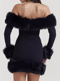 Faux Fur Trim Mini Dress Off The Shoulder Sexy Birthday Party Dresses