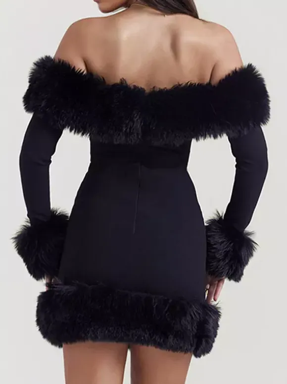 Faux Fur Trim Mini Dress Off The Shoulder Sexy Birthday Party Dresses