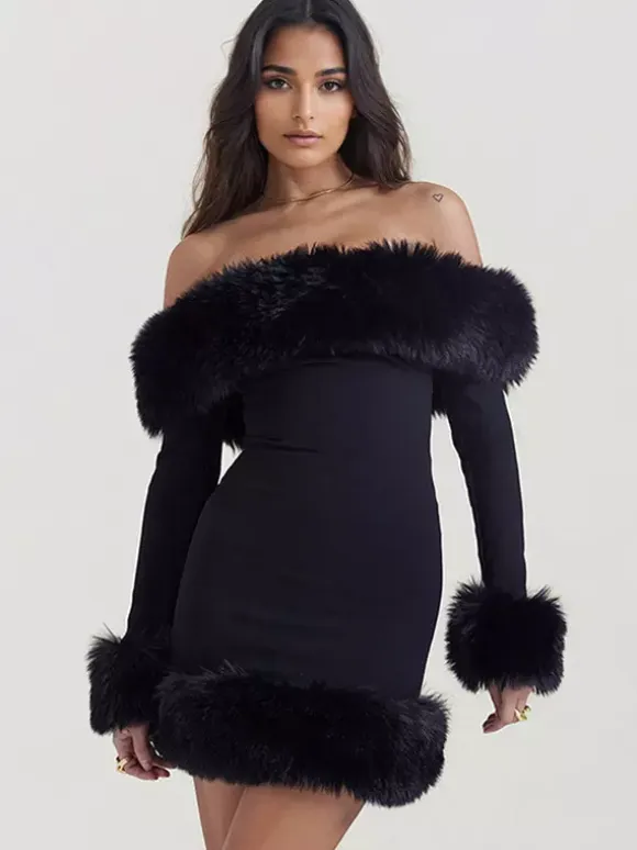 Faux Fur Trim Mini Dress Off The Shoulder Sexy Birthday Party Dresses