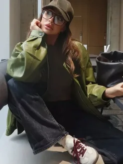 Faux Leather Bomber Jacket In Green Turndown Collar Spring Outerwear For Women 2026