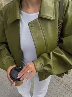 Faux Leather Bomber Jacket In Green Turndown Collar Spring Outerwear For Women 2026