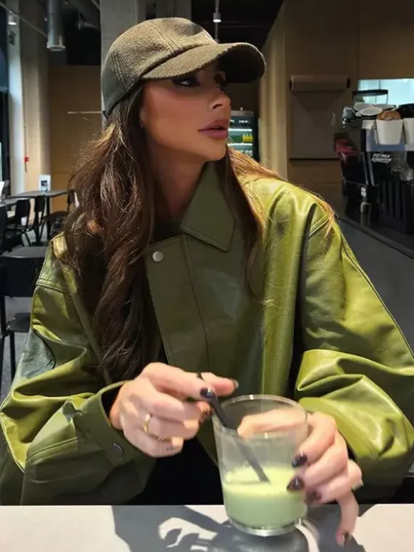 Faux Leather Bomber Jacket In Green Turndown Collar Spring Outerwear For Women 2026