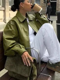Faux Leather Bomber Jacket In Green Turndown Collar Spring Outerwear For Women 2026