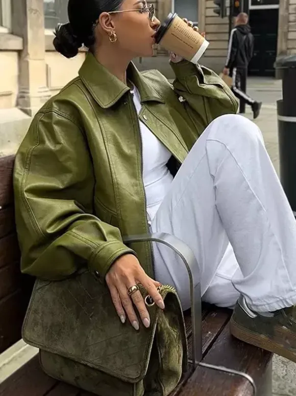 Faux Leather Bomber Jacket In Green Turndown Collar Spring Outerwear For Women 2026