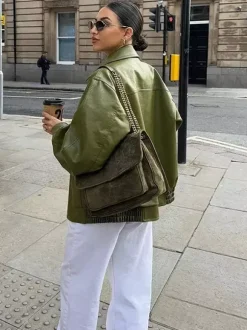 Faux Leather Bomber Jacket In Green Turndown Collar Spring Outerwear For Women 2026