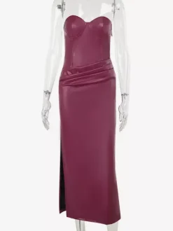 Faux Leather Corset Dress For Women - Wine Red Gothic Lace Up Back Ruched Long Dress - Summer Club Night Outfits 2026