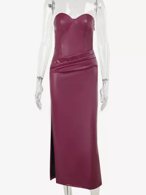 Faux Leather Corset Dress For Women - Wine Red Gothic Lace Up Back Ruched Long Dress - Summer Club Night Outfits 2026
