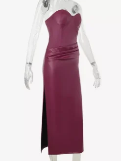 Faux Leather Corset Dress For Women - Wine Red Gothic Lace Up Back Ruched Long Dress - Summer Club Night Outfits 2026
