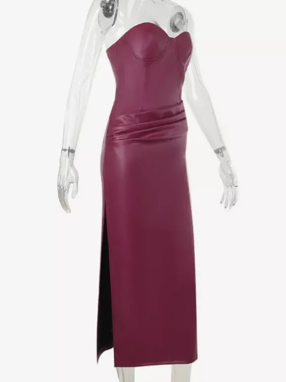 Faux Leather Corset Dress For Women - Wine Red Gothic Lace Up Back Ruched Long Dress - Summer Club Night Outfits 2026