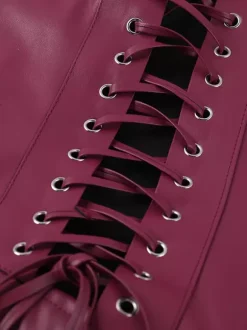 Faux Leather Corset Dress For Women - Wine Red Gothic Lace Up Back Ruched Long Dress - Summer Club Night Outfits 2026