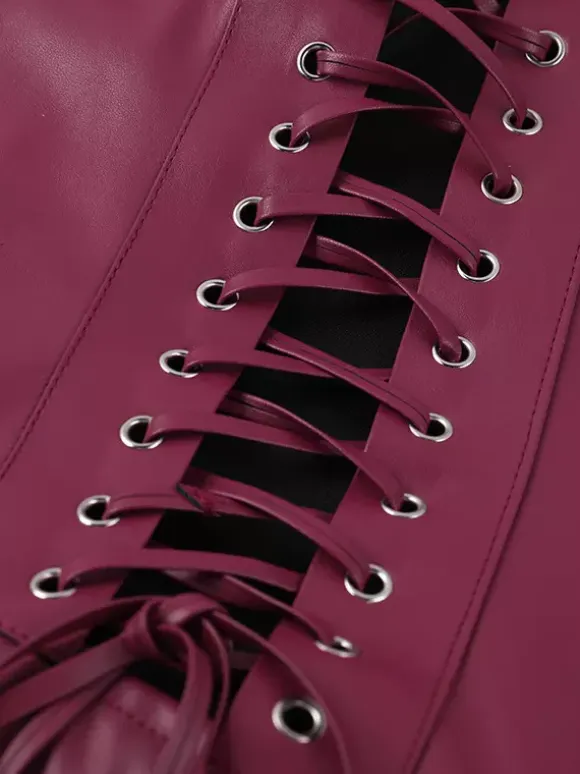 Faux Leather Corset Dress For Women - Wine Red Gothic Lace Up Back Ruched Long Dress - Summer Club Night Outfits 2026