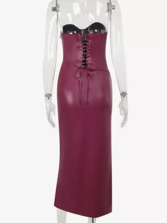 Faux Leather Corset Dress For Women - Wine Red Gothic Lace Up Back Ruched Long Dress - Summer Club Night Outfits 2026