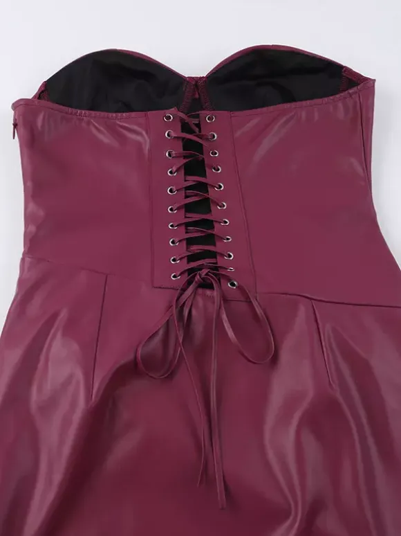 Faux Leather Corset Dress For Women - Wine Red Gothic Lace Up Back Ruched Long Dress - Summer Club Night Outfits 2026